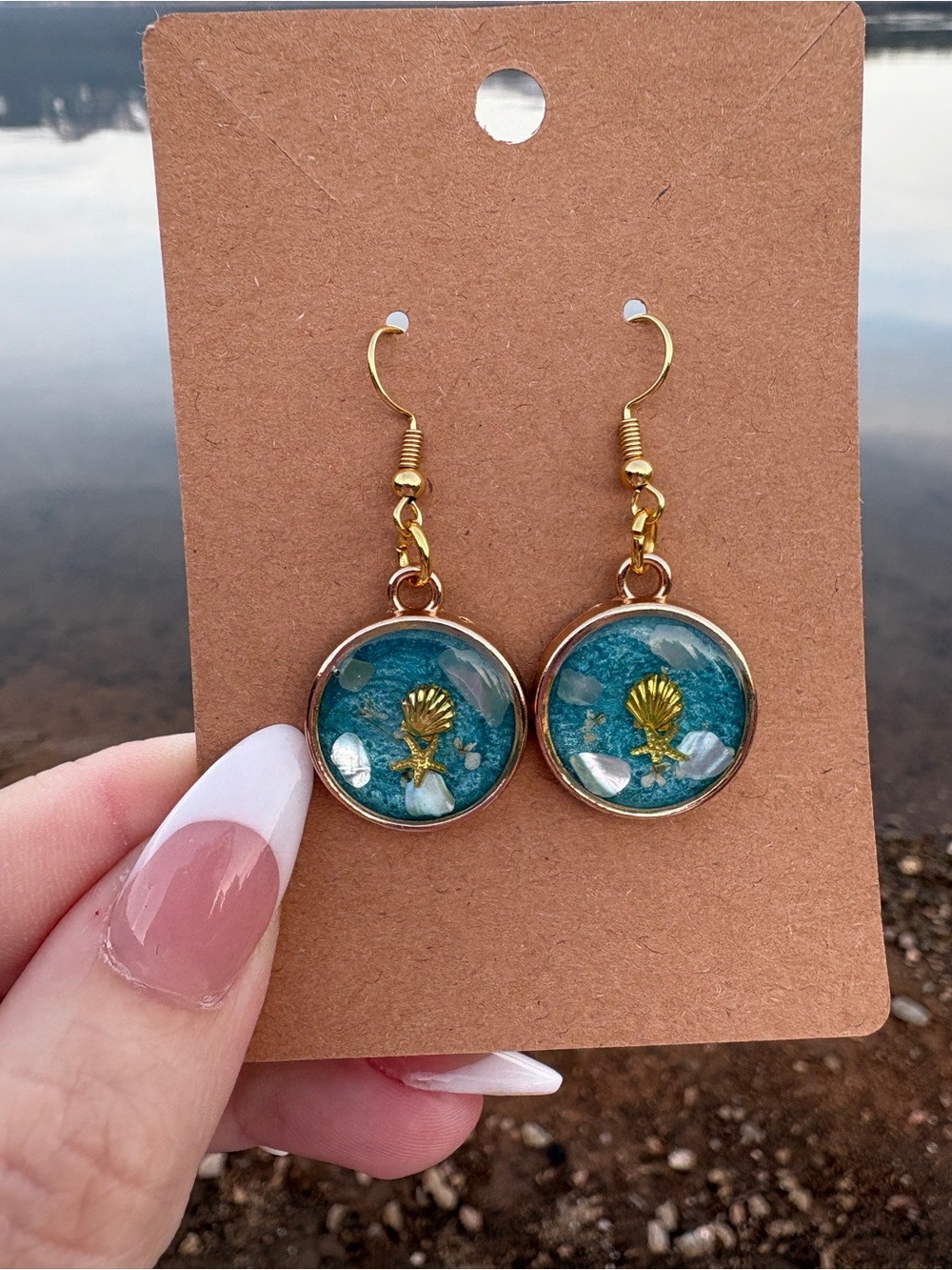 Hand crafted Gold color, Shell Accent Teal Drop Earrings - Women Jewelry